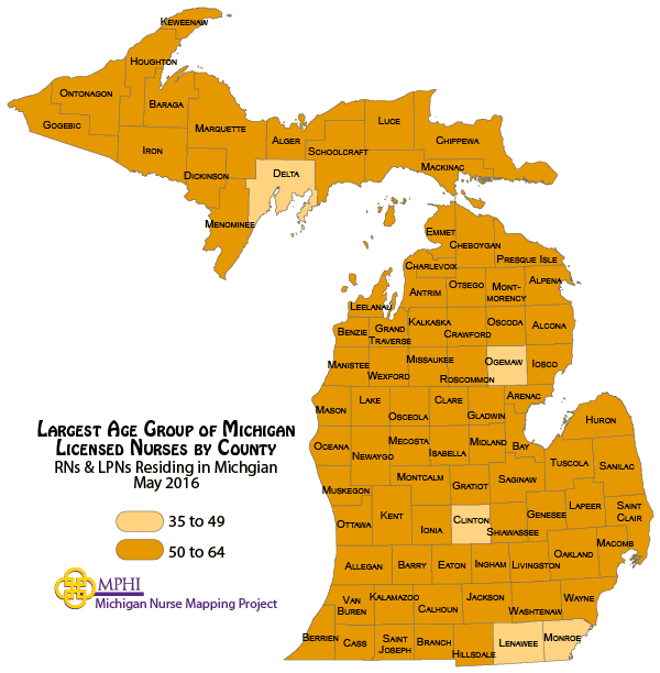 largest age group map of Michigan nurses in 2016
